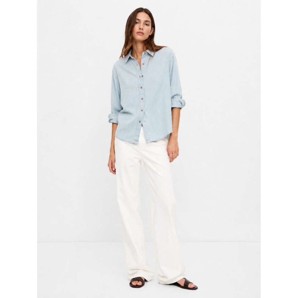 Zara Light Wash Denim Shirt Women Button Down Chambray Top Long Sleeve Casual M